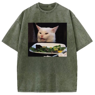 Personality fashion Smudge Meme Cat Washed T-Shirt