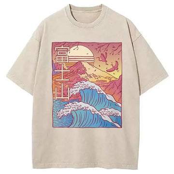 Personality fashion Japanese Fuji Wave Washed T-Shirt