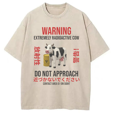 Personality fashion Radioactive Cow Warning Washed T-Shirt