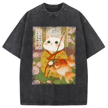 Personality fashion The Tale of Cat and Fish Washed T-Shirt