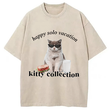 Personality fashion Happy Solo Vacation Kitty Collection Washed T-Shirt