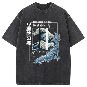 Personality fashion Koi Fish Great Wave Washed T-Shirt