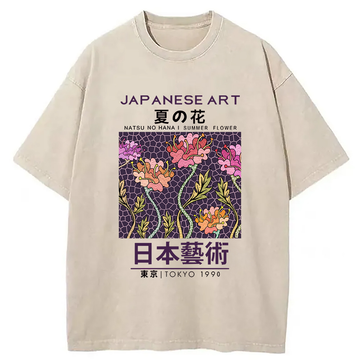 Personality fashion Summer Flower Japanese Art Washed T-Shirt