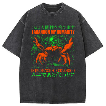Personality fashion Vintage Japanese Crab Jokes Washed T-Shirt