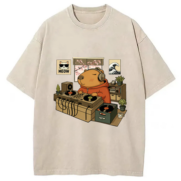 Personality fashion Capybara DJ Washed T-Shirt