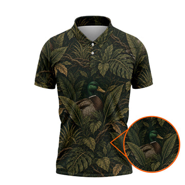 Mallard Duck Tropical Leaves Polo Shirt Dark Green Jungle Hunter Tee