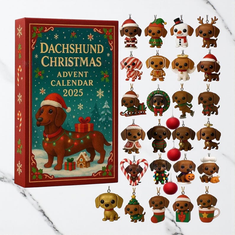 2D Acrylic Dachshund Christmas Advent Calendar 2025 24 Mini Dog Ornaments