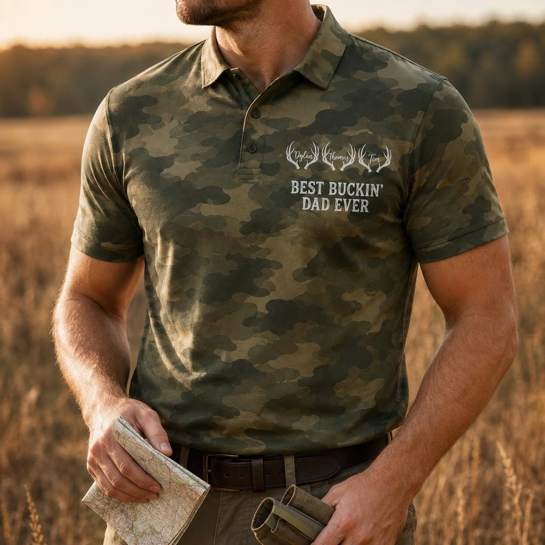 Personalized Hunting Polo Shirt Camouflage Print, Short Sleeve, Deer Antler Names