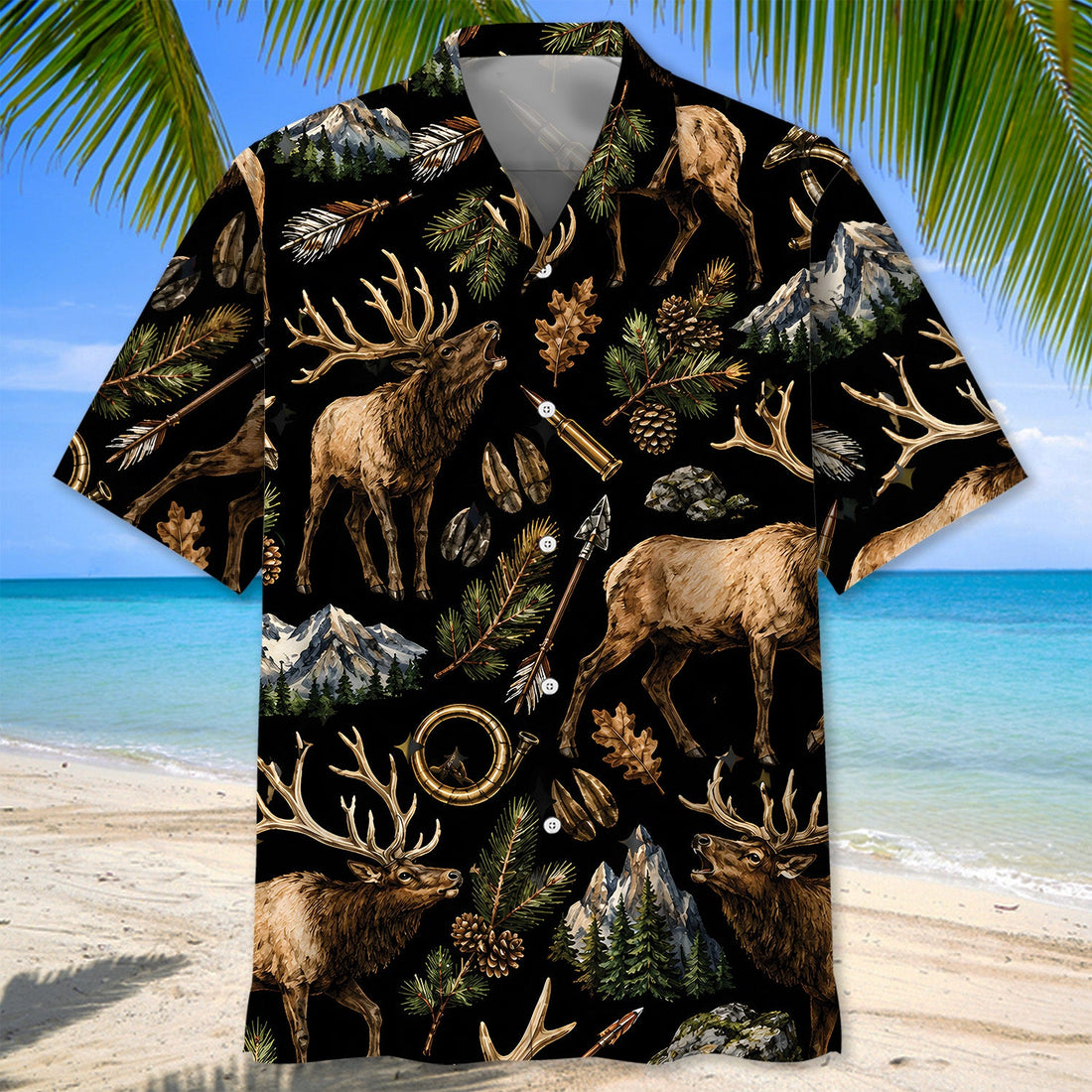 Elk Hunting Retro Black Hawaiian Shirt