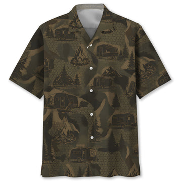 Travel Trailer Camping Camouflage Hawaiian Shirt
