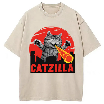 Personality fashion Catzilla Fire Breathing Cat Washed T-Shirt
