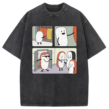 Personality fashion Sushi At The Party Washed T-Shirt