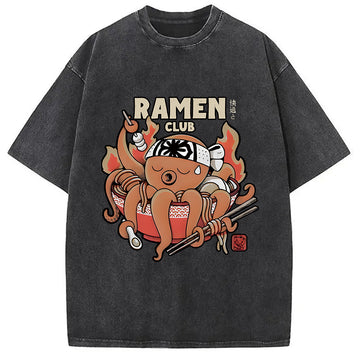 Personality fashion Octopus Ramen Washed T-Shirt