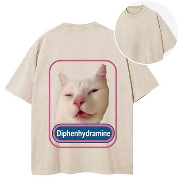 Personality fashion Funny Diphenhydramine Meme Cat Back Washed T-Shirt