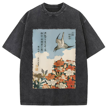 Personality fashion Katsushika Hokusai Cuckoo Washed T-Shirt