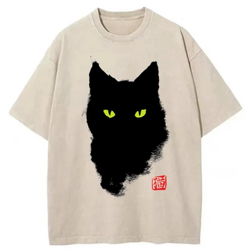 Personality fashion Cat Sharp Gaze Washed T-Shirt