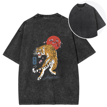 Personality fashion Tiger Blossom Japanese Sakura Back Washed T-Shirt
