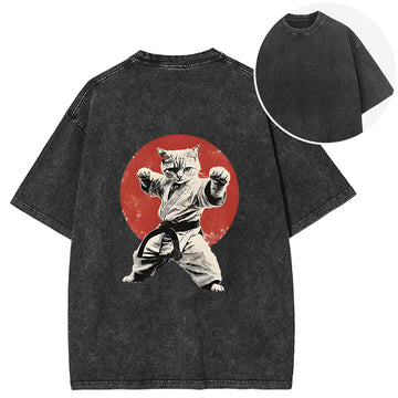 Personality fashion Japanese Karate Cat Back Washed T-Shirt