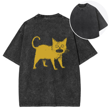 Personality fashion Horrible Japanese Cat Back Washed T-Shirt