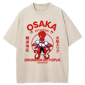 Personality fashion Osaka Octopus Monster Japan Washed T-Shirt