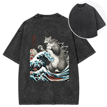 Personality fashion Cat Ukiyoe Great Wave Vintage Japanese Design Back Washed T-Shirt