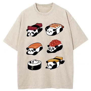 Personality fashion Panda Sushi Washed T-Shirt