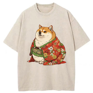 Personality fashion Shiba Inu Wearing Kimono Washed T-Shirt