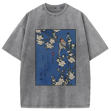 Personality fashion Japanese Bird And Wood Painting Washed T-Shirt