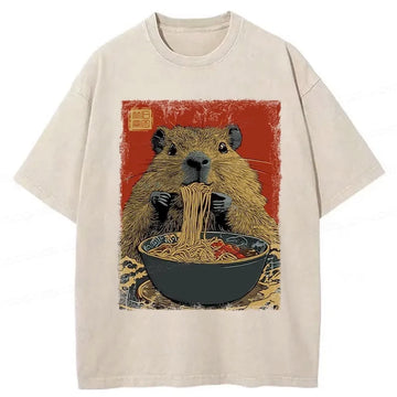 Personality fashion Capybara Ramen Lover Washed T-Shirt
