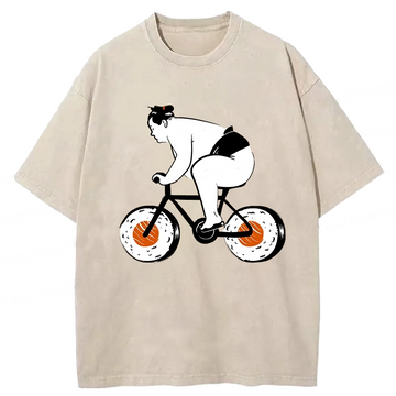 Personality fashion Sumo Riding A Sushi Bike Washed T-Shirt