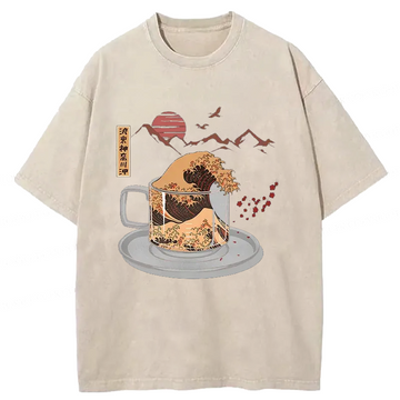 Personality fashion Vintage Coffee Wave Japan Washed T-Shirt