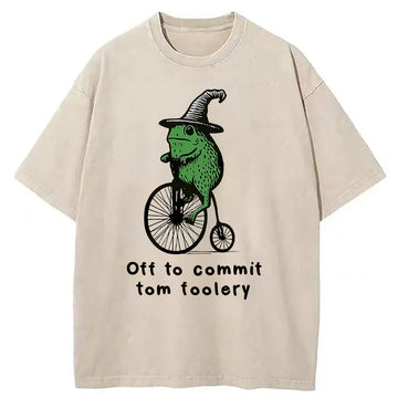 Personality fashion Frog Riding Penny-farthing Washed T-Shirt