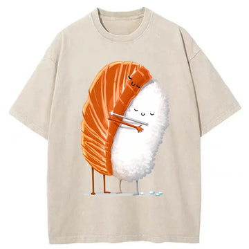 Personality fashion Sushi Hug Japan Washed T-Shirt