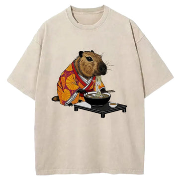 Personality fashion Cute Capybara Eating Ramen Washed T-Shirt