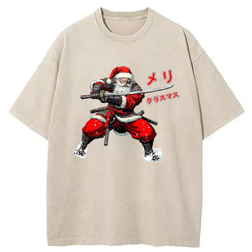 Personality fashion Samurai Santa Christmas Washed T-Shirt