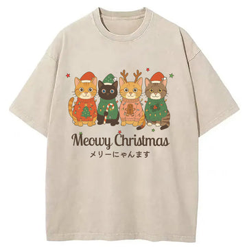 Personality fashion Meowy Christmas Cat Washed T-Shirt