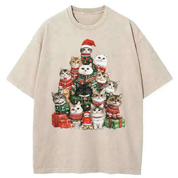 Personality fashion Christmas Cat Tree Washed T-Shirt