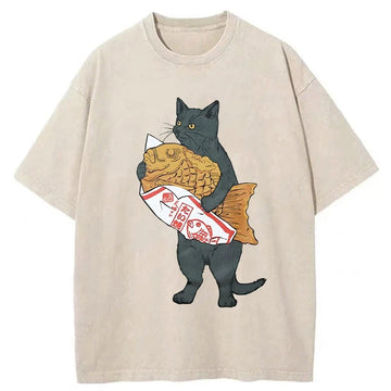 Personality fashion Cat Holding Taiyaki Washed T-Shirt