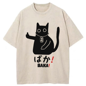 Personality fashion Japanese Baka Cat Washed T-Shirt