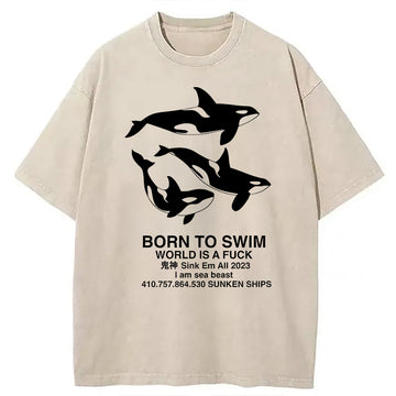 Personality fashion Born To Swim Meme Washed T-Shirt