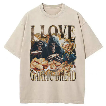 Personality fashion Gothic Garlic Bread Retro Washed T-Shirt