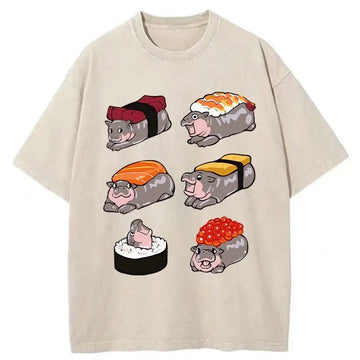 Personality fashion Cute Hippo Sushi Washed T-Shirt
