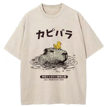 Personality fashion Relaxed Hot Spring Capybara Washed T-Shirt