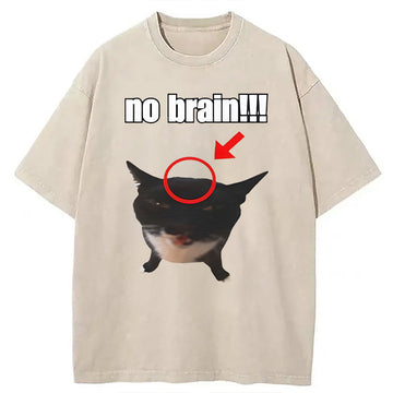 Personality fashion No Brain Cat Washed T-Shirt