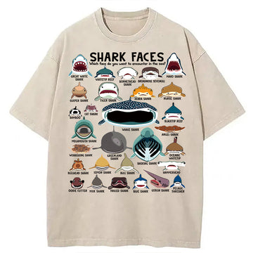 Personality fashion Shark Faces Marine Sea Life Washed T-Shirt