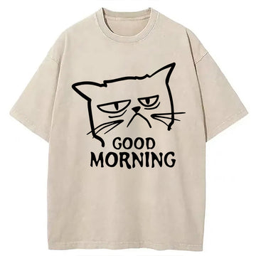 Personality fashion Good Morning Kitten Meow Washed T-Shirt