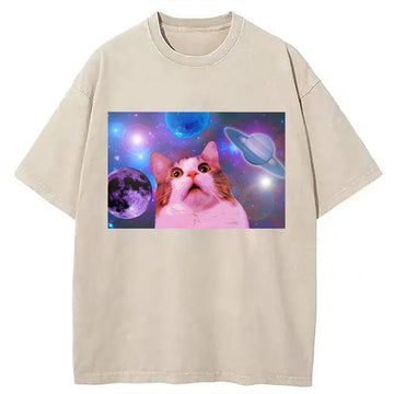 Personality fashion Funny Cat In Space Washed T-Shirt