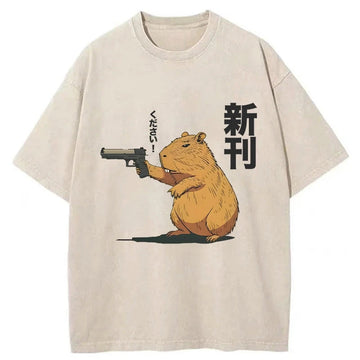 Personality fashion Capybara Holding A Gun Washed T-Shirt