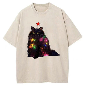 Personality fashion Christmas Lights Cat Washed T-Shirt