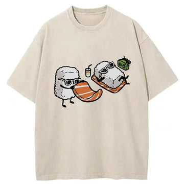 Personality fashion Sunbathing Sushi Washed T-Shirt
